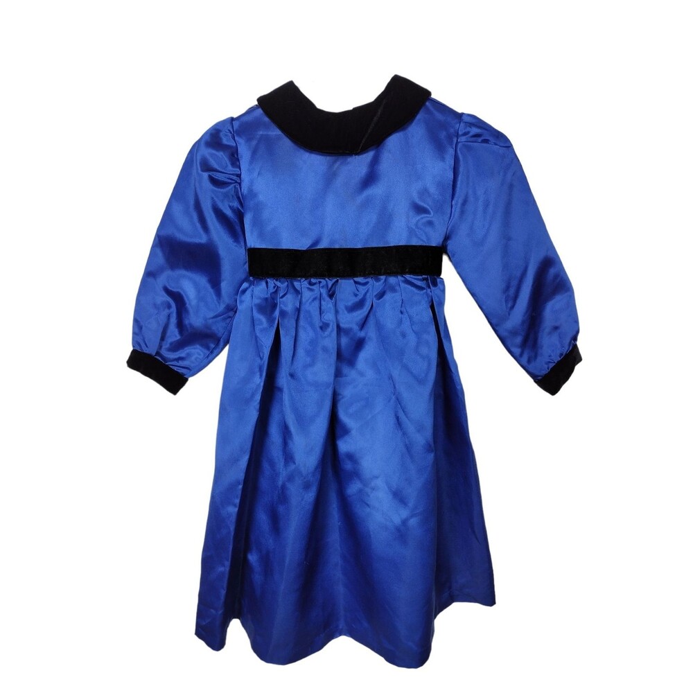 Vintage Satin Blue Jewel Tone Velvet Trim Holiday Party Dress Girls 10/12